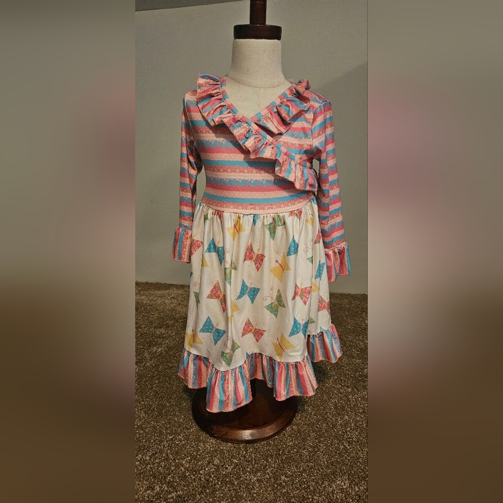 Charming Ruffled Kids Dress with Stripes and Kites